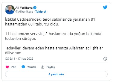 İstanbul Valisi Ali Yerlikaya, yaralıların son durumunu paylaştı!